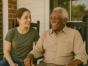 5 Ways You Can Support Your Neighbors (Even If You Can’t Volunteer Yet) A volunteer sits on a porch chatting with an elderly gentleman.